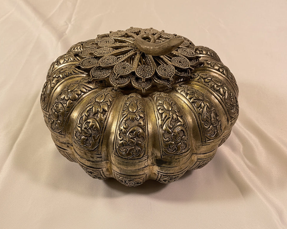 Vintage Cambodian Pumpkin Trinket Betel Nut Box Possibly Silver-Plated