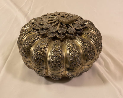 Vintage Cambodian Pumpkin Trinket Betel Nut Box Possibly Silver-Plated