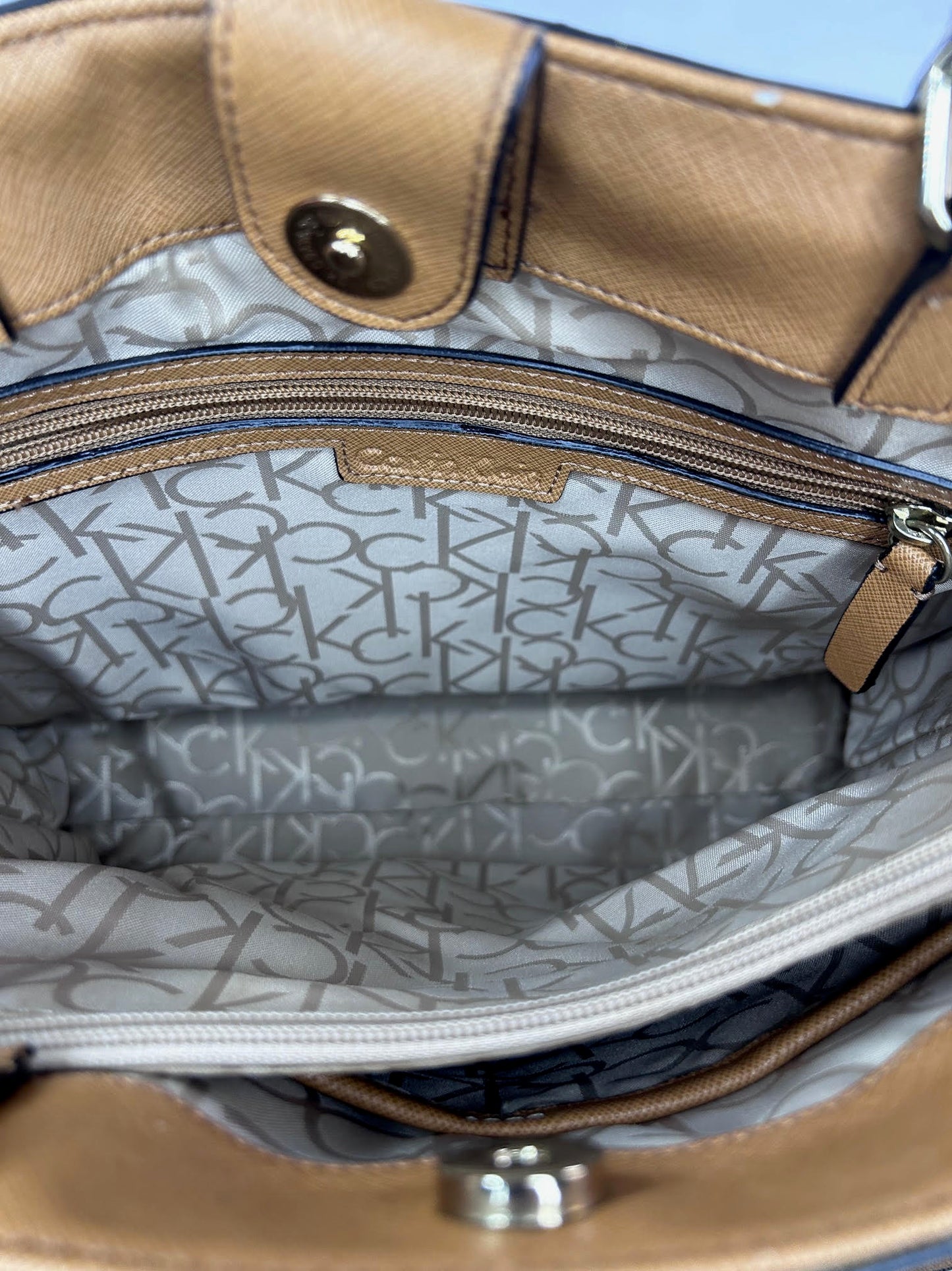 Calvin Klein CK Monogram Brown Tote Bag with Shoulder Strap Excellent Condition