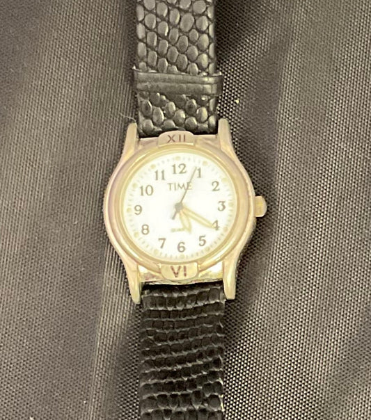 Time Vintage Women's Watch White Dial Textured Black Band New Battery
