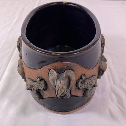 Leland G Shaw Studio Artist Signed High Relief Terra Cota Art Hand-Sculpted Elephants Warriors Planter Pot