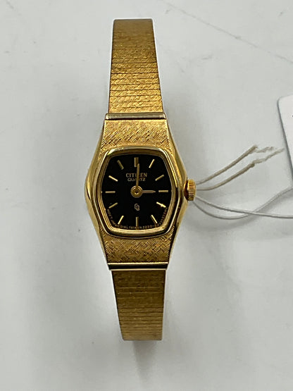 Vintage Citizen Quartz Ladies Gold Tone Watch Black Dial New Battery Working