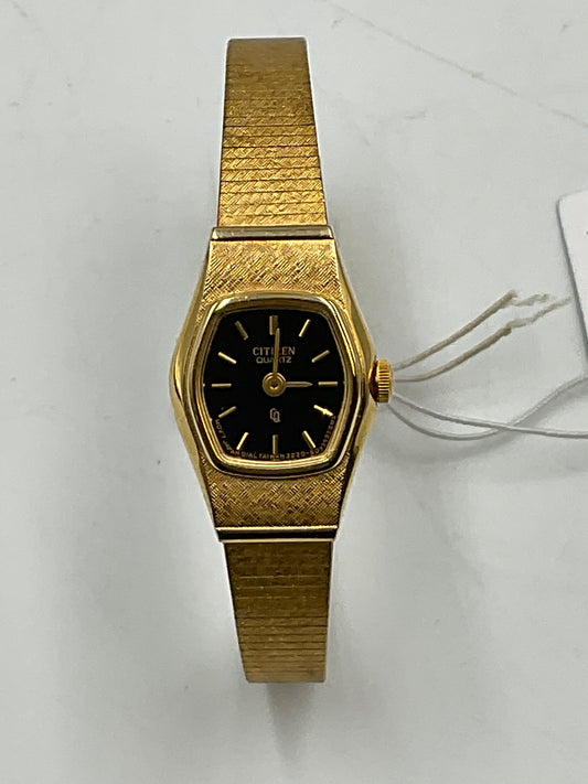 Vintage Citizen Quartz Ladies Gold Tone Watch Black Dial New Battery Working