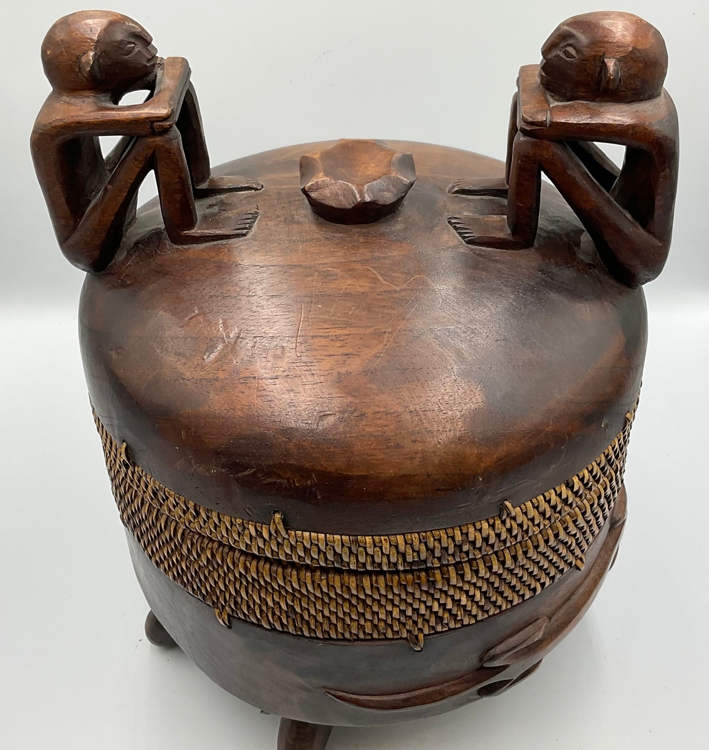 Vintage Balinese Hand Crafted Wood Trinket Jewelry  Box. Thinker Figures