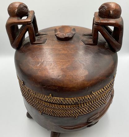 Vintage Balinese Hand Crafted Wood Trinket Jewelry  Box. Thinker Figures