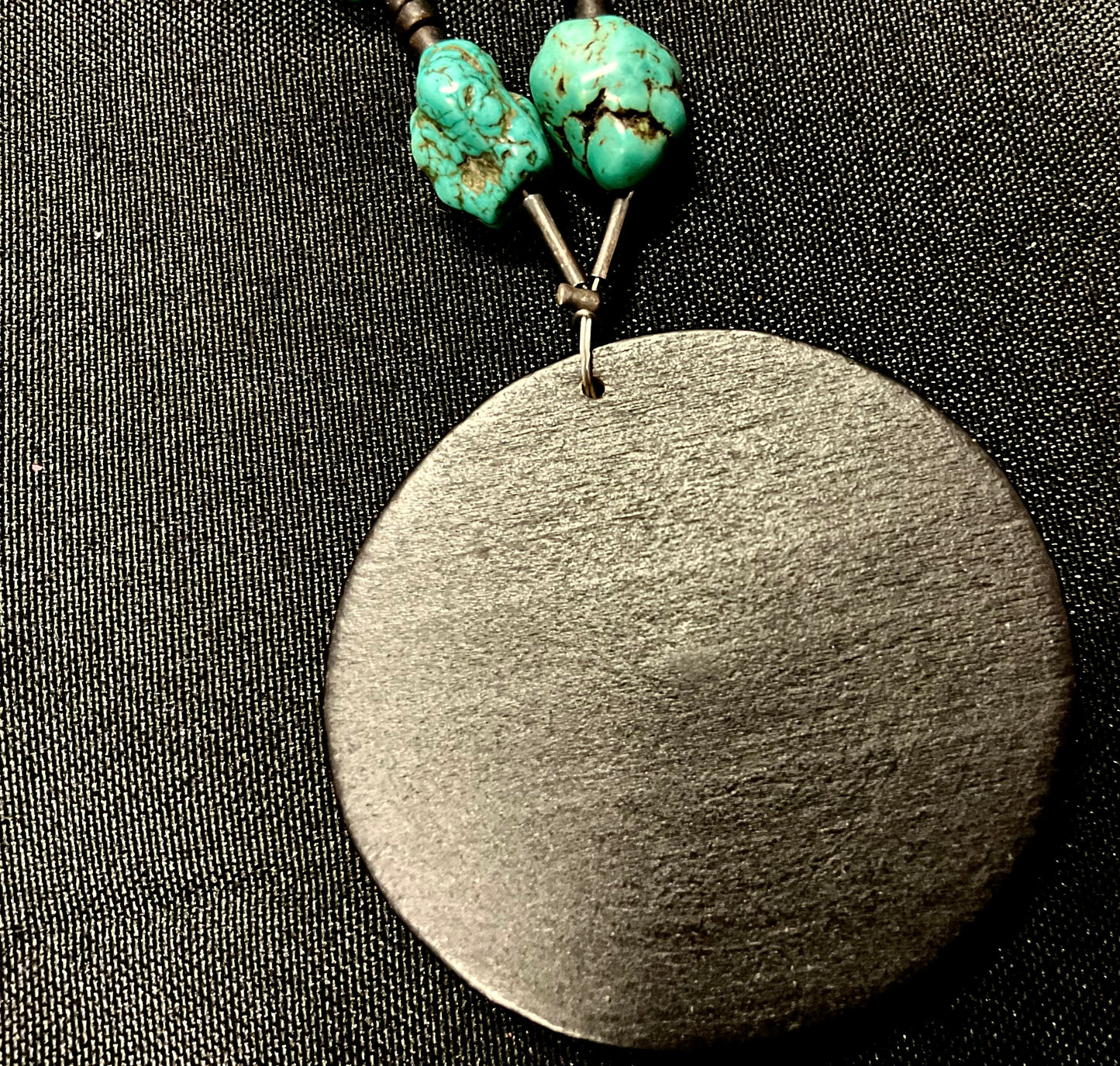 Turquoise Stone-Style Beaded Necklace Gold Color Leaf Large Dark Wood Pendant 26.5"