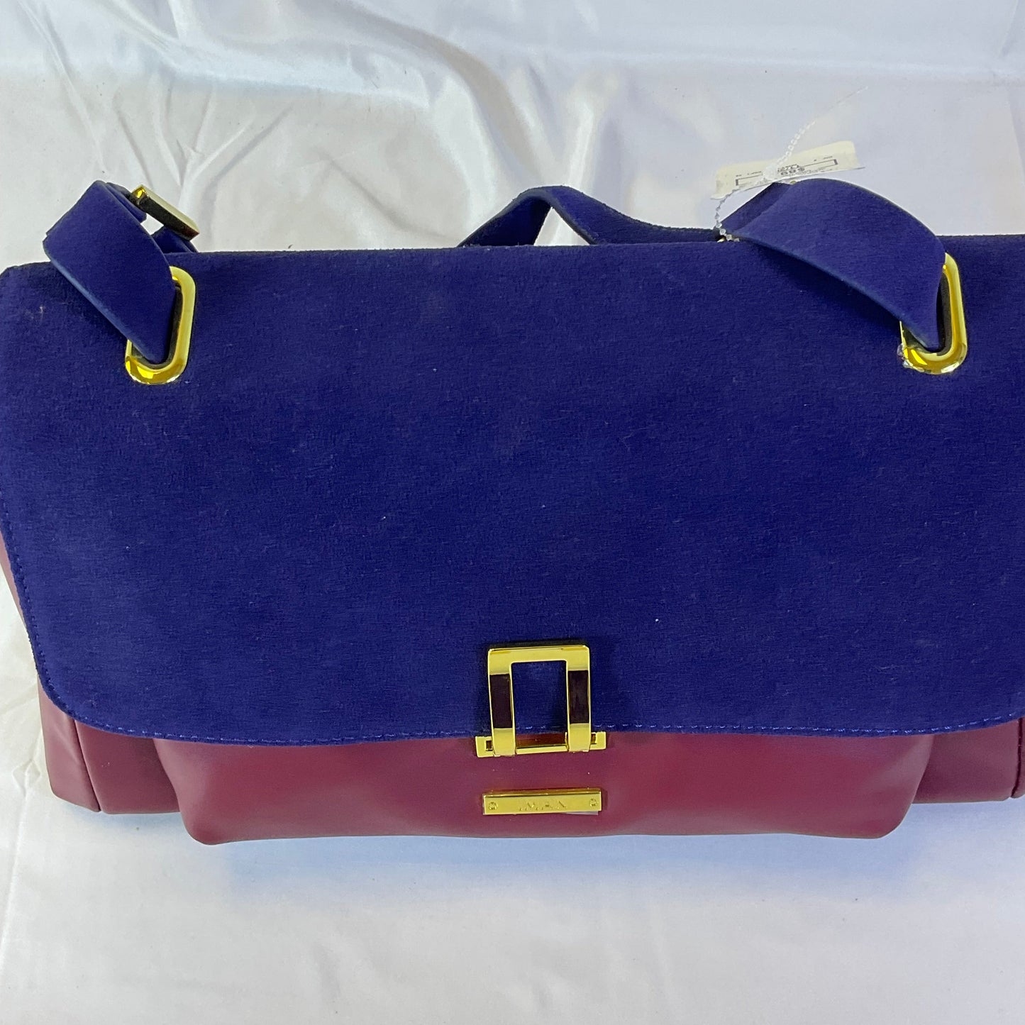 IMAN Global Chic Luxurious Suede and Leather Blue Red Handbag New with Tags