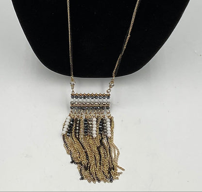 Goldtone Black Accent Dangling Tassel Pendant Necklace Fashion Jewelry