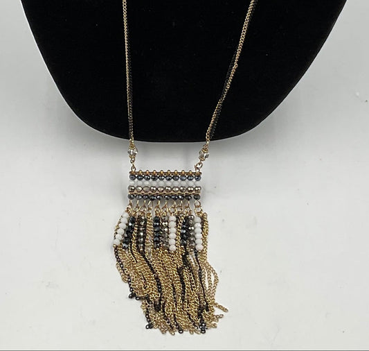Goldtone Black Accent Dangling Tassel Pendant Necklace Fashion Jewelry
