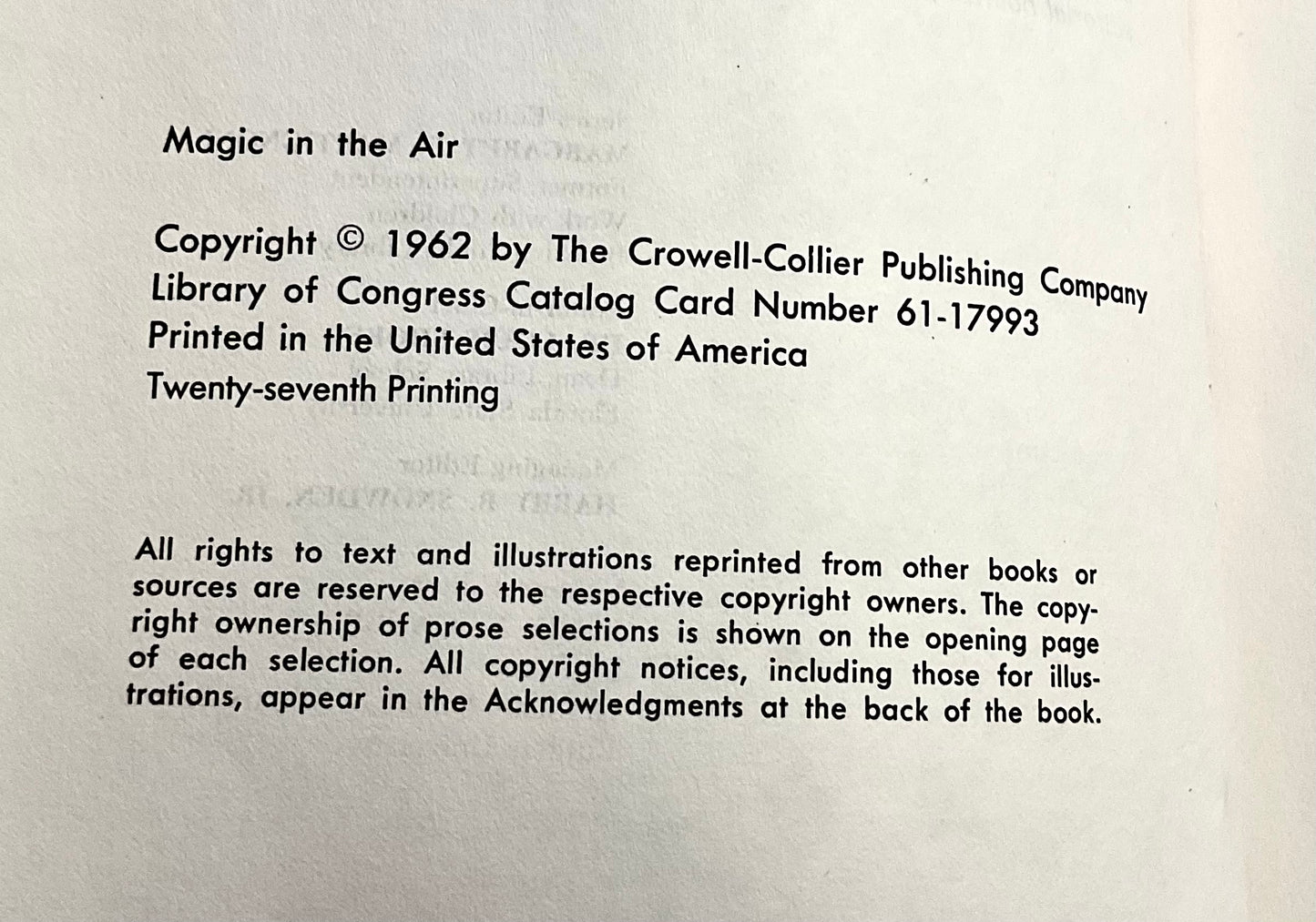Magic in the Air Collier's Junior Classics Series #3 Vintage 1962 Hardcover Book Crowell-Collier Publishing Company Excellent Condition