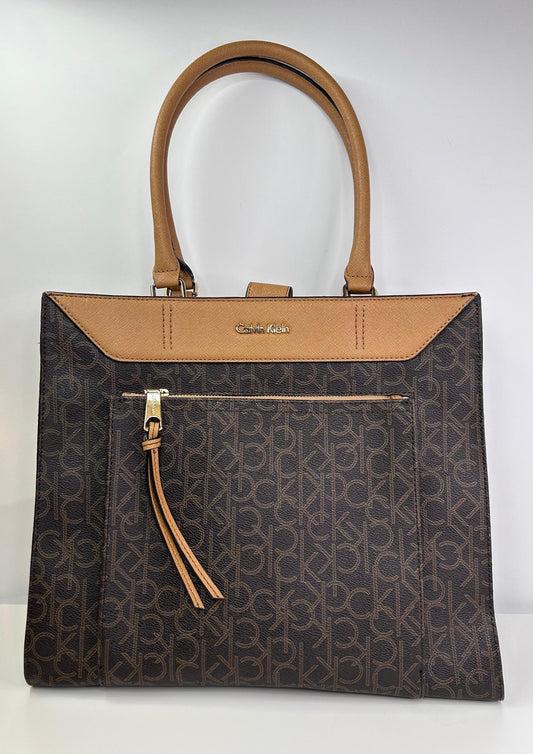 Calvin Klein CK Monogram Brown Tote Bag with Shoulder Strap Excellent Condition
