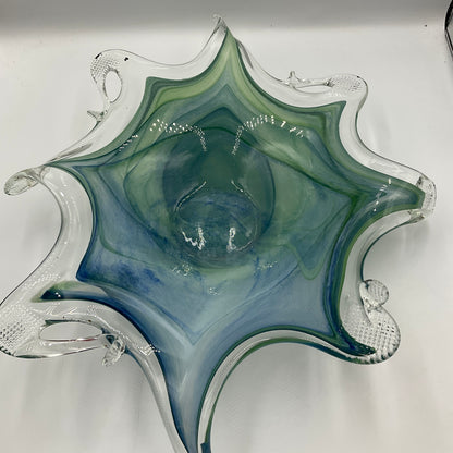 Murano Art Glass Bowl Blue with Green Swirls