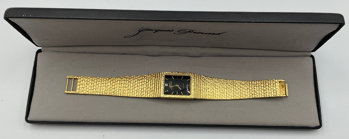 Jacques Prevard Gold Tone Rectangular Black Dial Wristwatch w/ Orginal Box