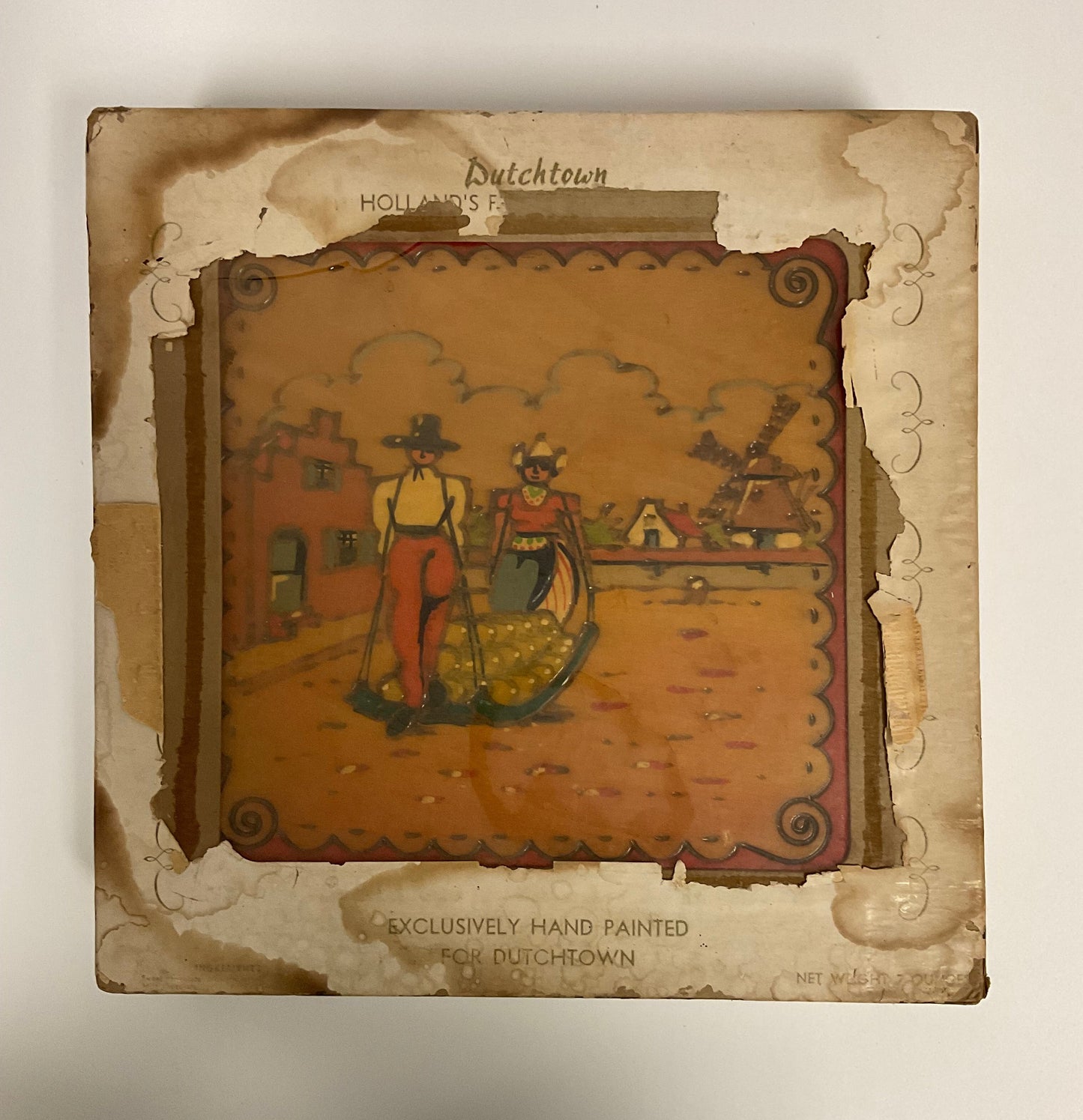 Hand Painted Vintage Wooden Box Dutch Folk Art Windmill Scene