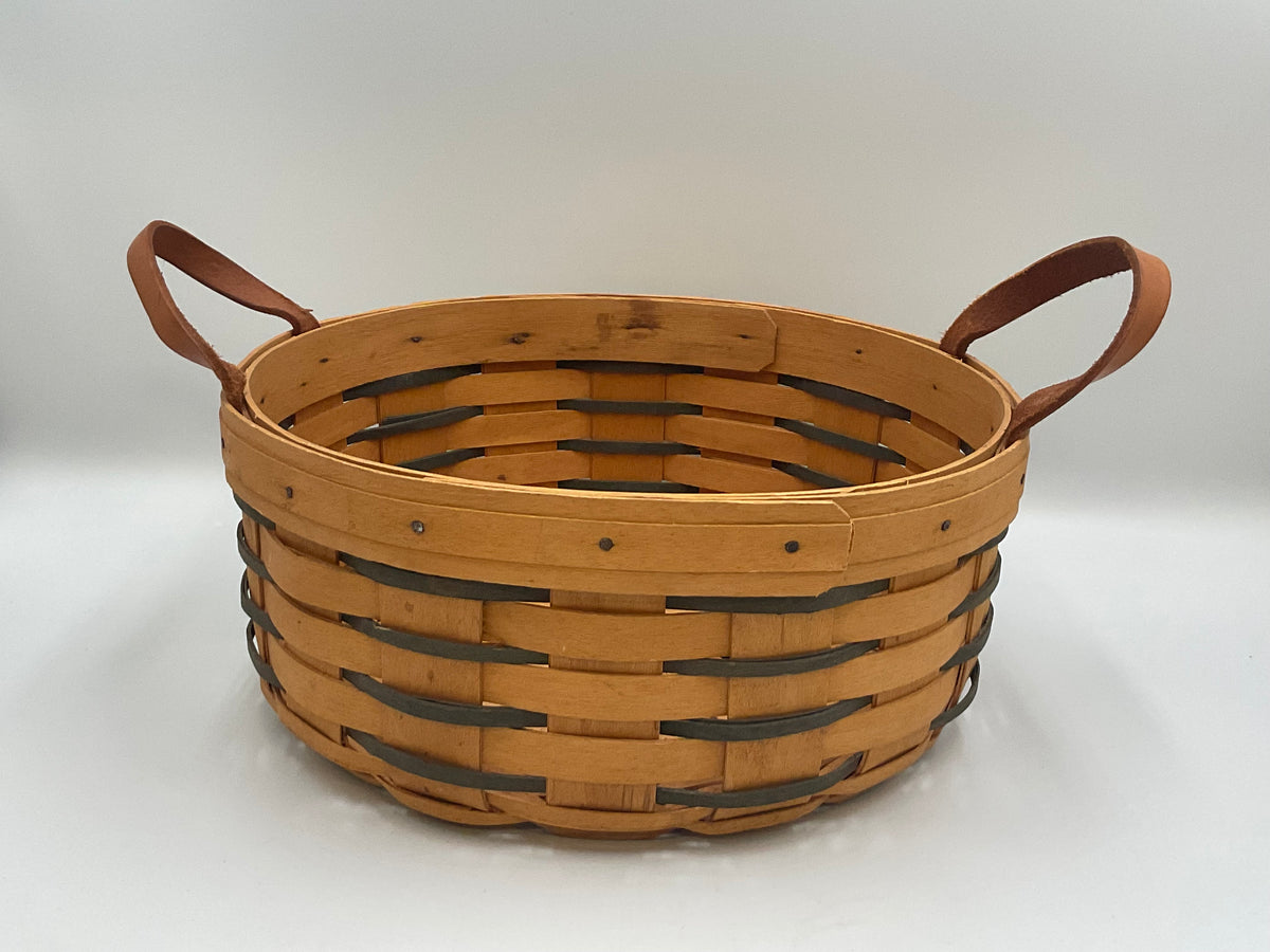 1998 Longaberger Round Basket Green Accent Bands Leather Handles 9.5"
