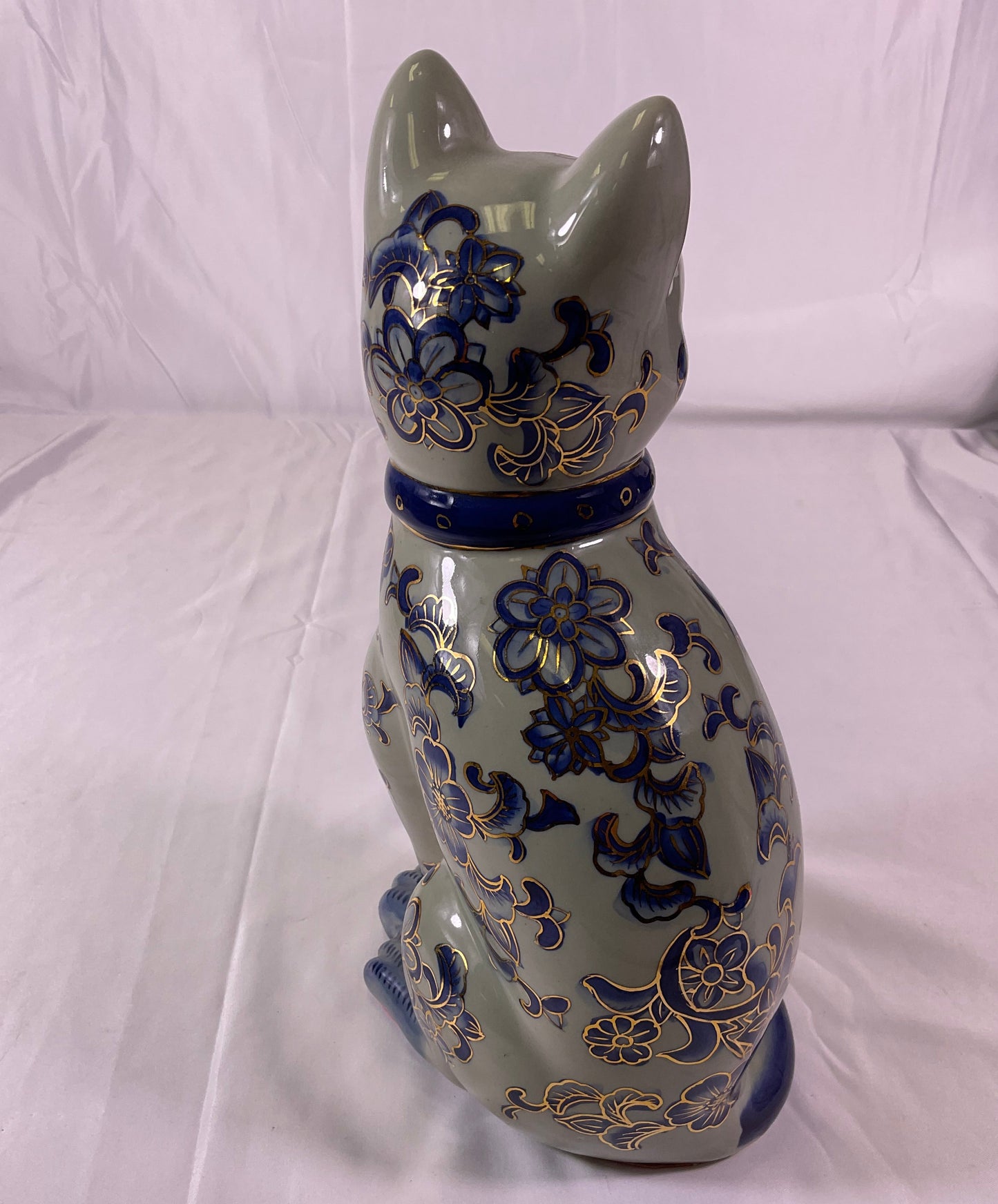 Porcelain Artwork Hand Painted Cat Blue Floral Pattern Gold Accents Vintage 2002