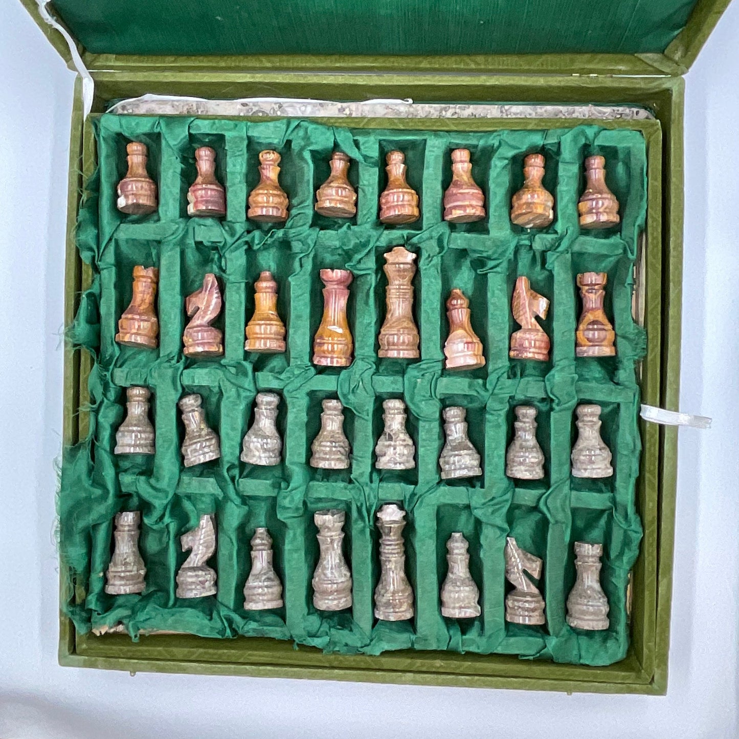 Afghan Vintage Marble Chess Set Complete 32 Pieces Green Case
