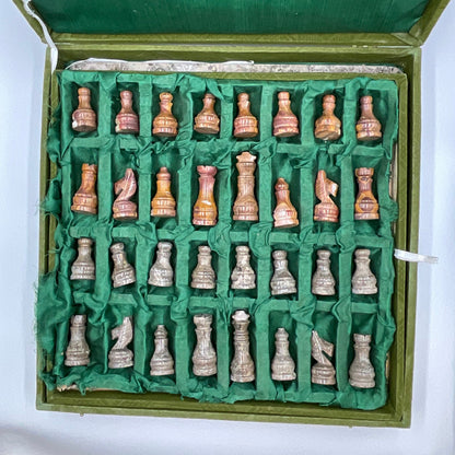Afghan Vintage Marble Chess Set Complete 32 Pieces Green Case