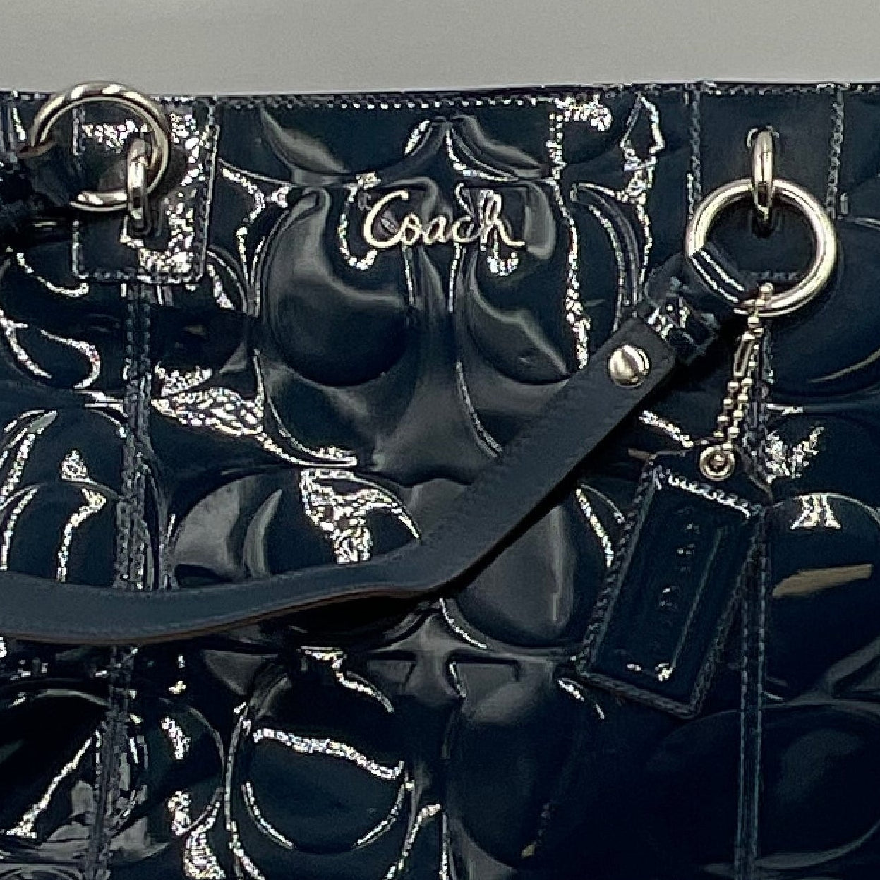 Coach Dark Teal Patent Leather Tote Silvertone Hardware Accents