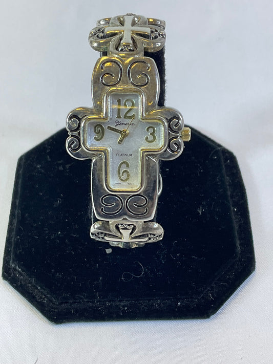 Geneva Platinum Silvertone Cross Shaped Women's Watch #8514