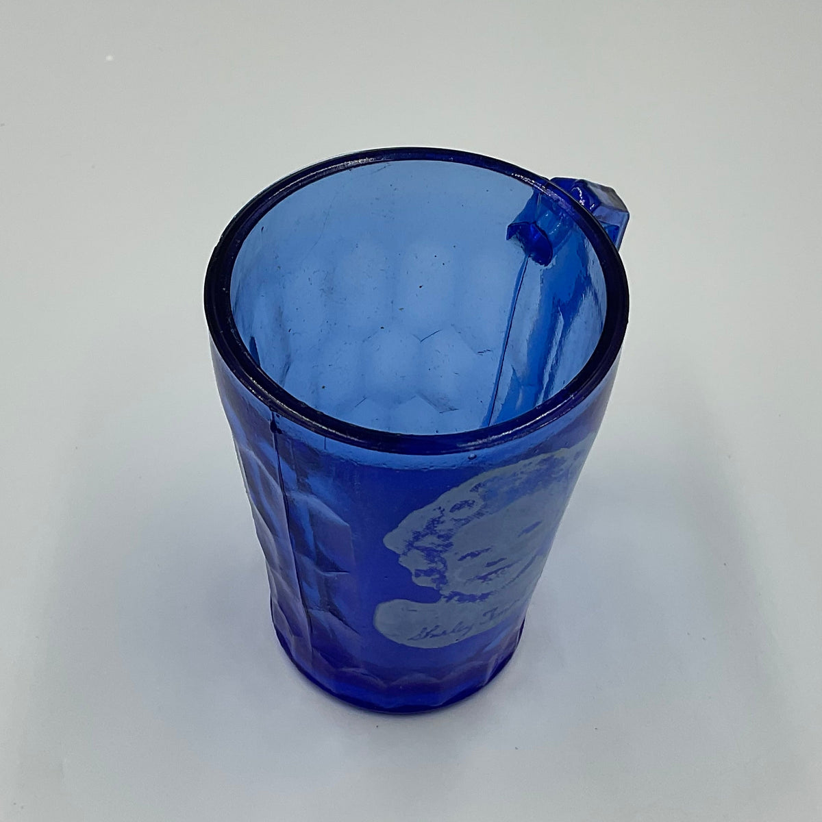 1930s Shirley Temple cobalt blue depression glass child’s mug