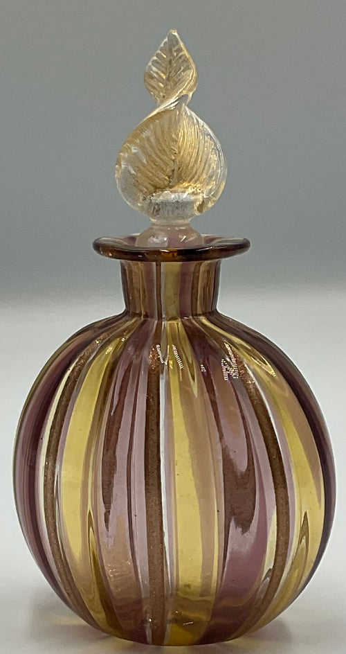 Murano Style Striped Art Glass Bottles Gold Aventurine Stoppers Set of 2