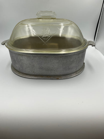 Vintage Guardian Service Hammered Oval Roaster Pan Glass Dome Lid