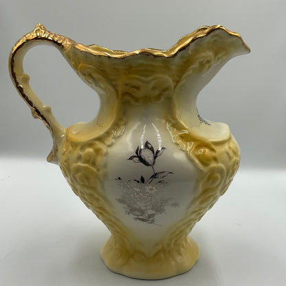 Vintage Yellow Porcelain Pitcher Vase with Goldtone Trim