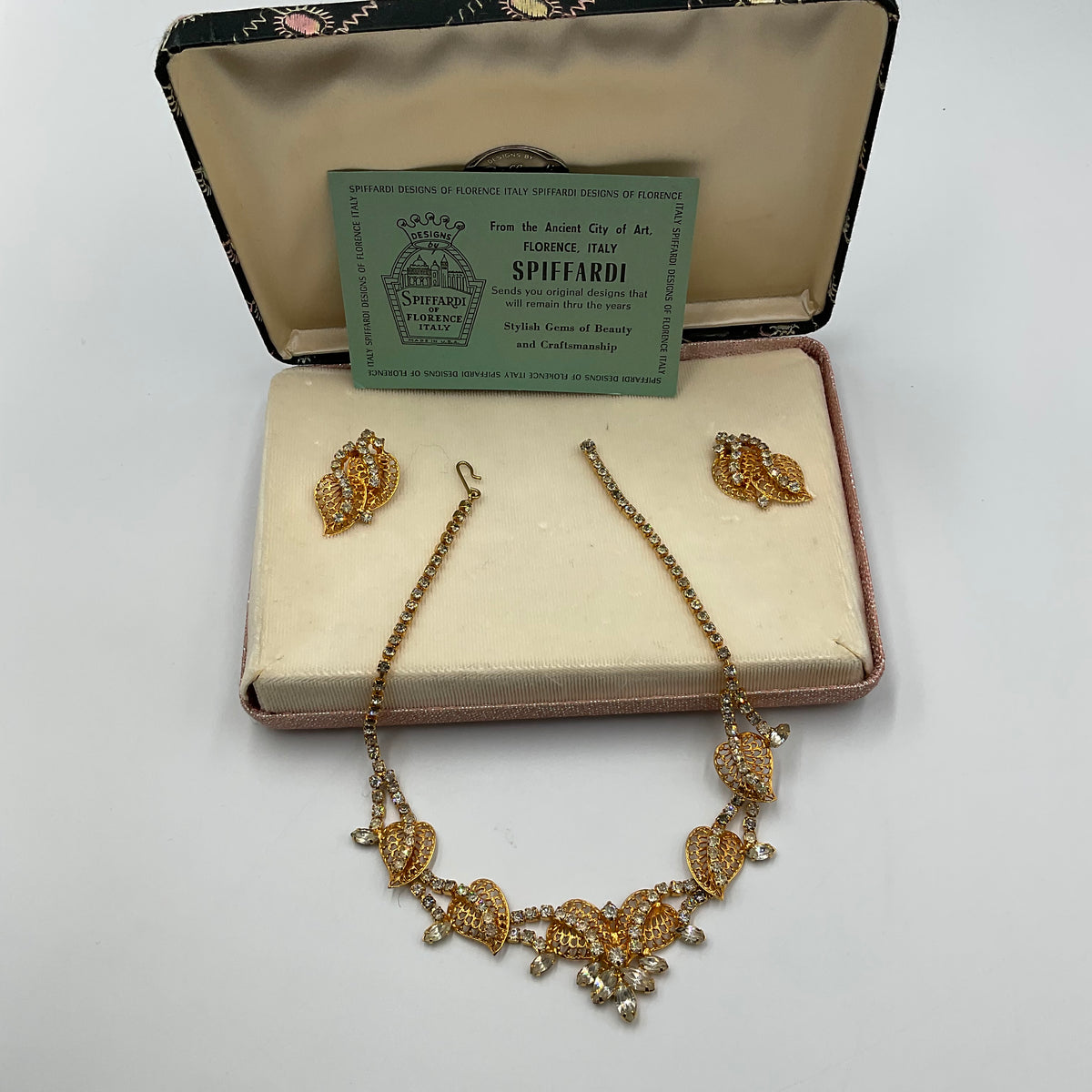 Gold Tone Rhinestone Leaf Necklace And Earrings”Spiffardi  of Florence Of Italy”