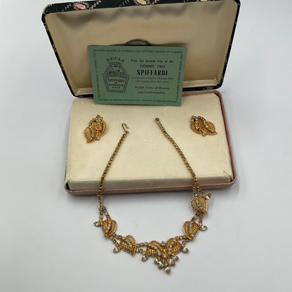 Gold Tone Rhinestone Leaf Necklace And Earrings”Spiffardi  of Florence Of Italy”