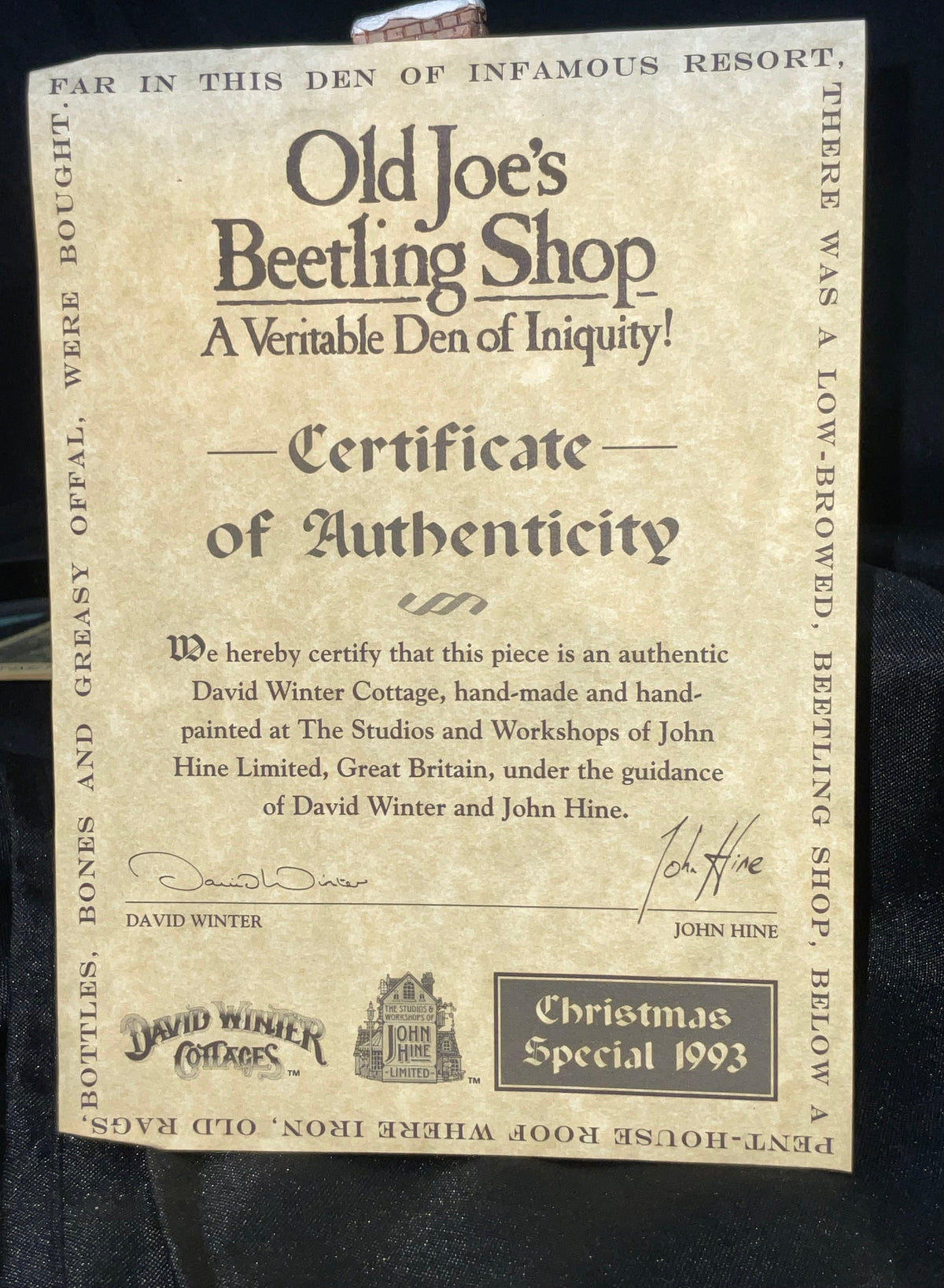 John Hine Studios Presents David Winter Cottages Old Joe's Beetling Shop Vintage 1993 New in Original Box