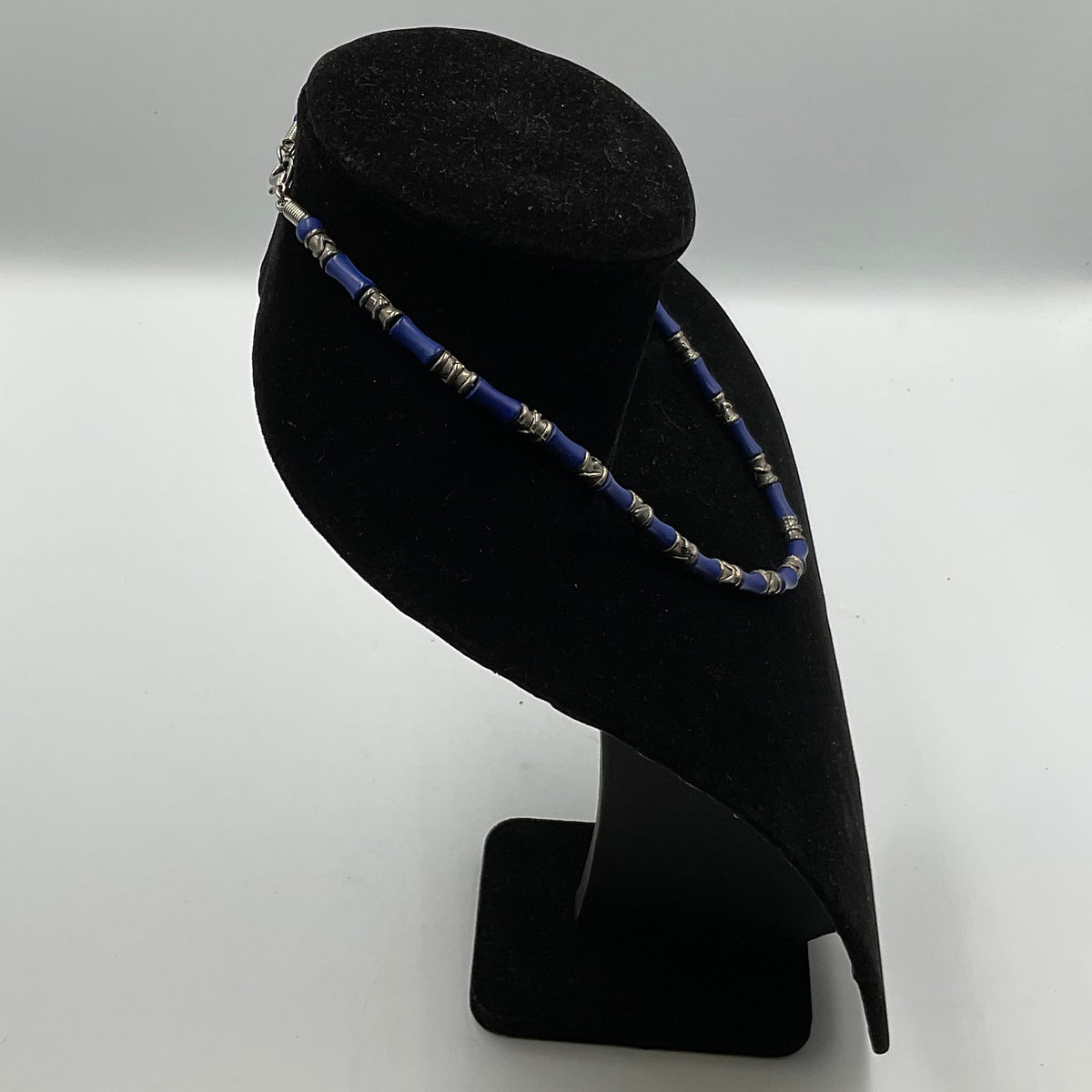 Blue and Silvertone Tube Shaped Beads Fashion Jewelry Necklace