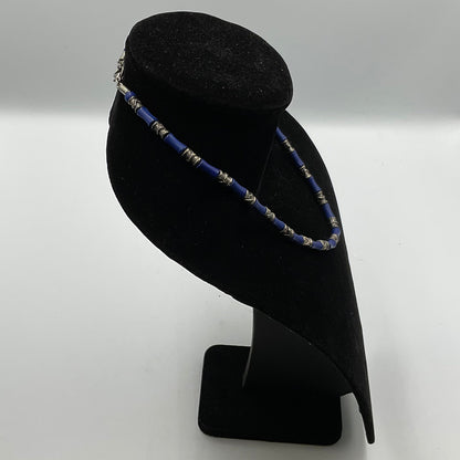Blue and Silvertone Tube Shaped Beads Fashion Jewelry Necklace