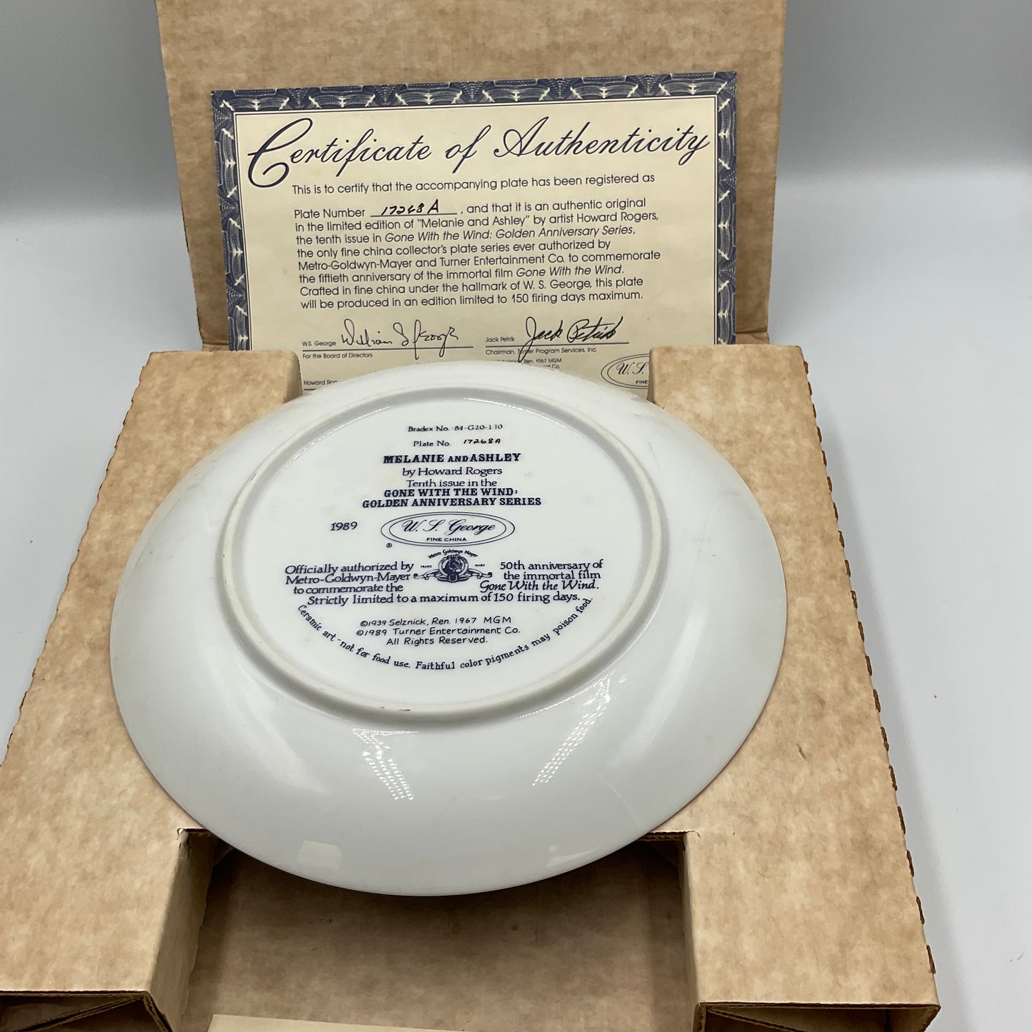 W.L. George Bradford Exchange Gone With The Wind Melanie and Ashley 1989 Box COA