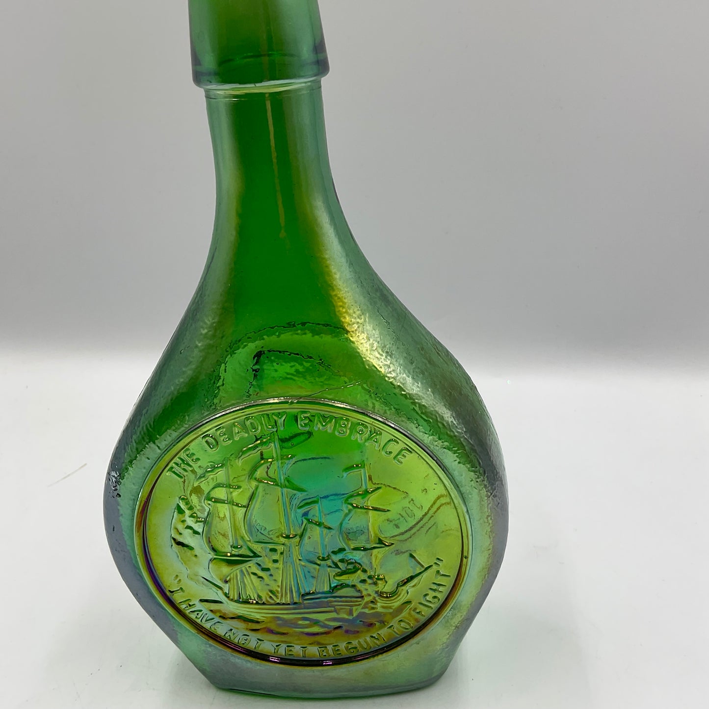 Vintage Wheaton John Paul Jones Green Carnival Glass Bottle