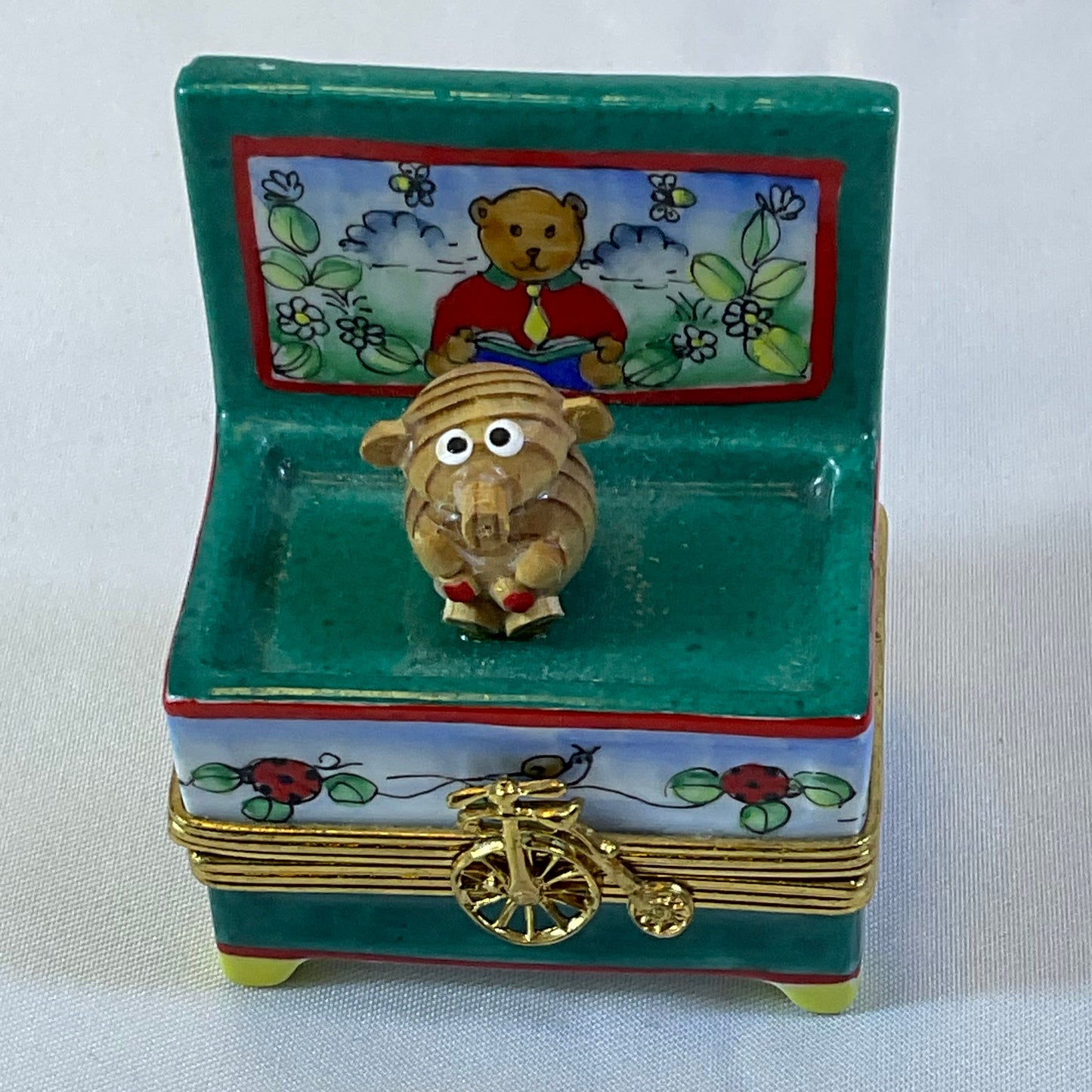 Peint Main Limoges France Authentic Vintage Collectible Hand Painted Porcelain Bear on Bench Trinket Box