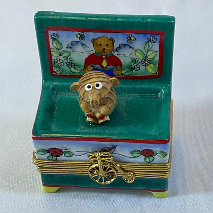 Peint Main Limoges France Authentic Vintage Collectible Hand Painted Porcelain Bear on Bench Trinket Box