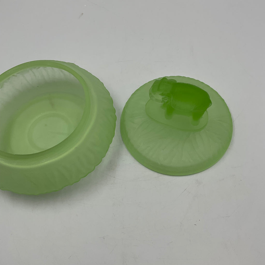 Elephant Powder Jar L.E Smith Frosted Green Uranium Glass