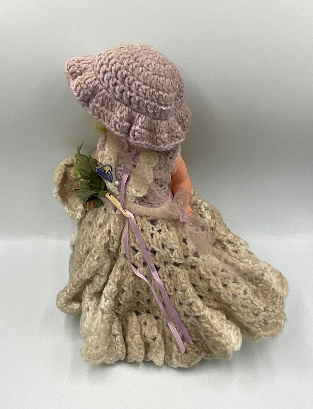 Vintage Doll Lavender Hand Crochet Victorian Dress Hat Handmade Outfit