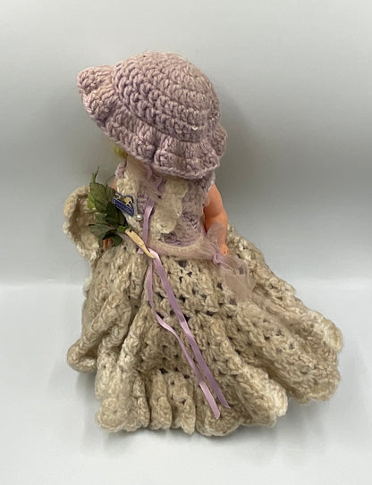 Vintage Doll Lavender Hand Crochet Victorian Dress Hat Handmade Outfit