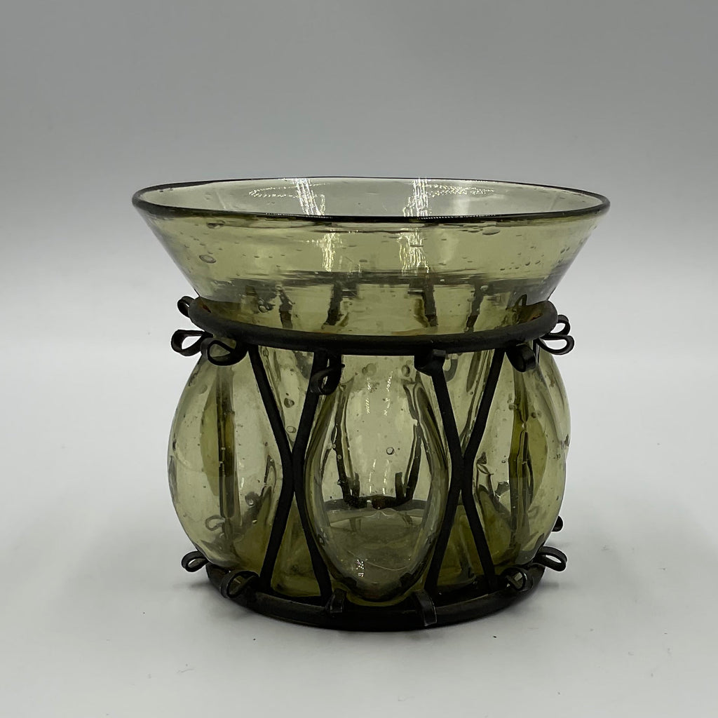 Vintage Hand Blown Green Caged Wrought Iron Candle Holder