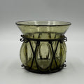 Vintage Hand Blown Green Caged Wrought Iron Candle Holder