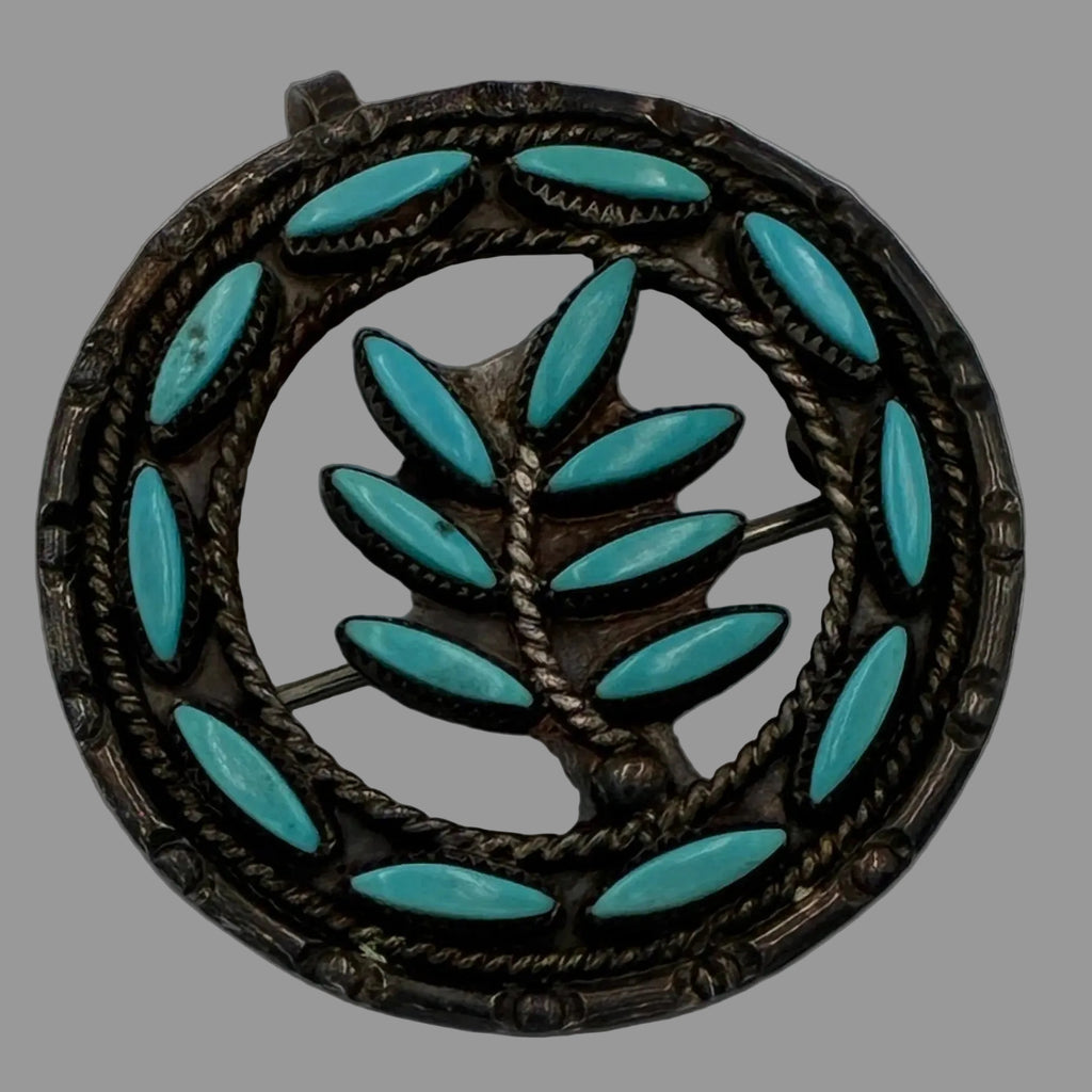 Vintage Zuni Native American Sterling Turquoise Needlepoint Pin Signed
