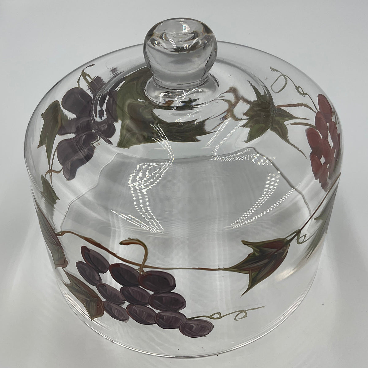 Vintage Hand Painted Glass Cheese Dome Cloche Grape Vine Fruit Design