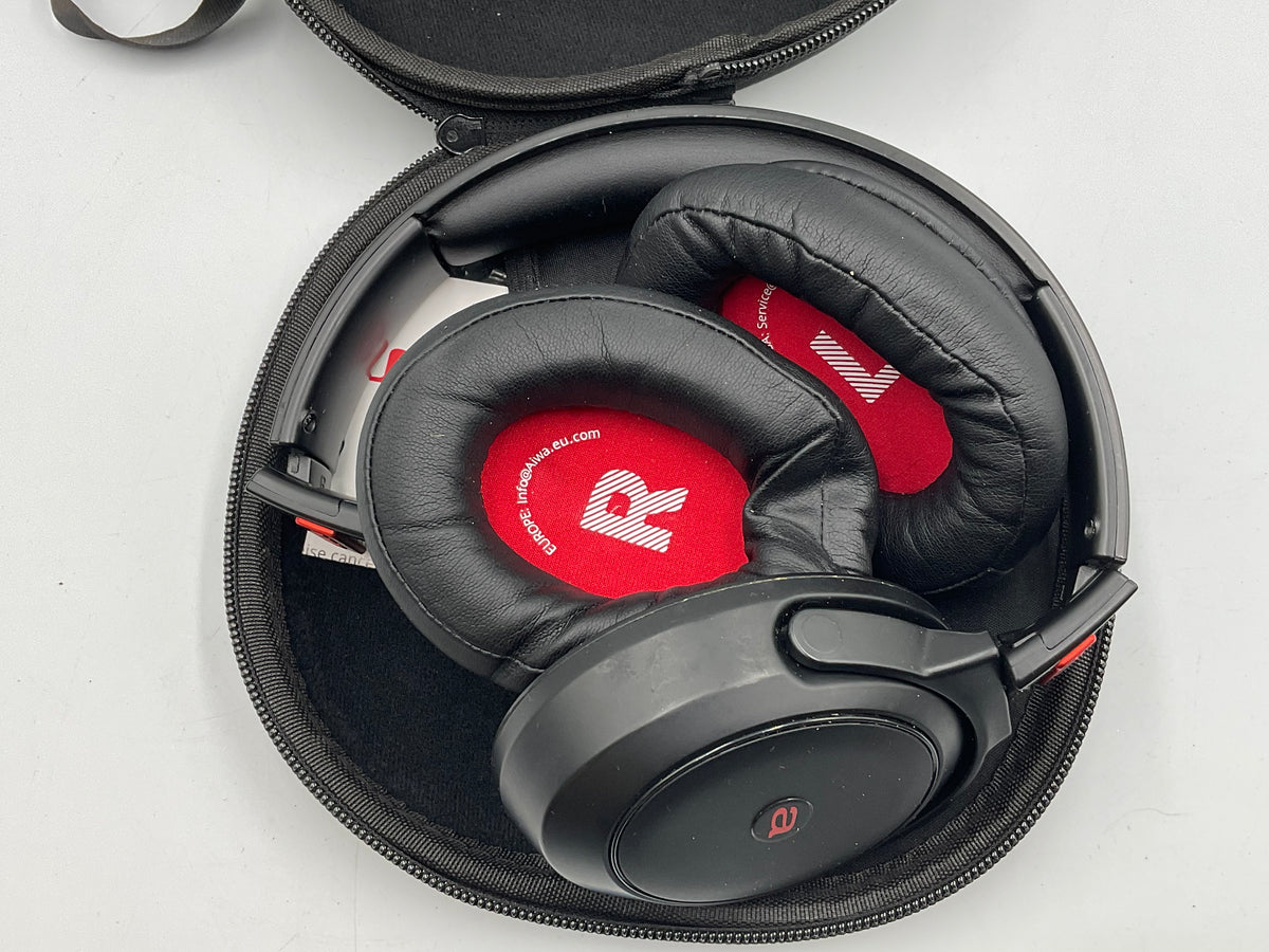 Aiwa Wireless Bluetooth Over Ear Red Black Headphones and Case Untested