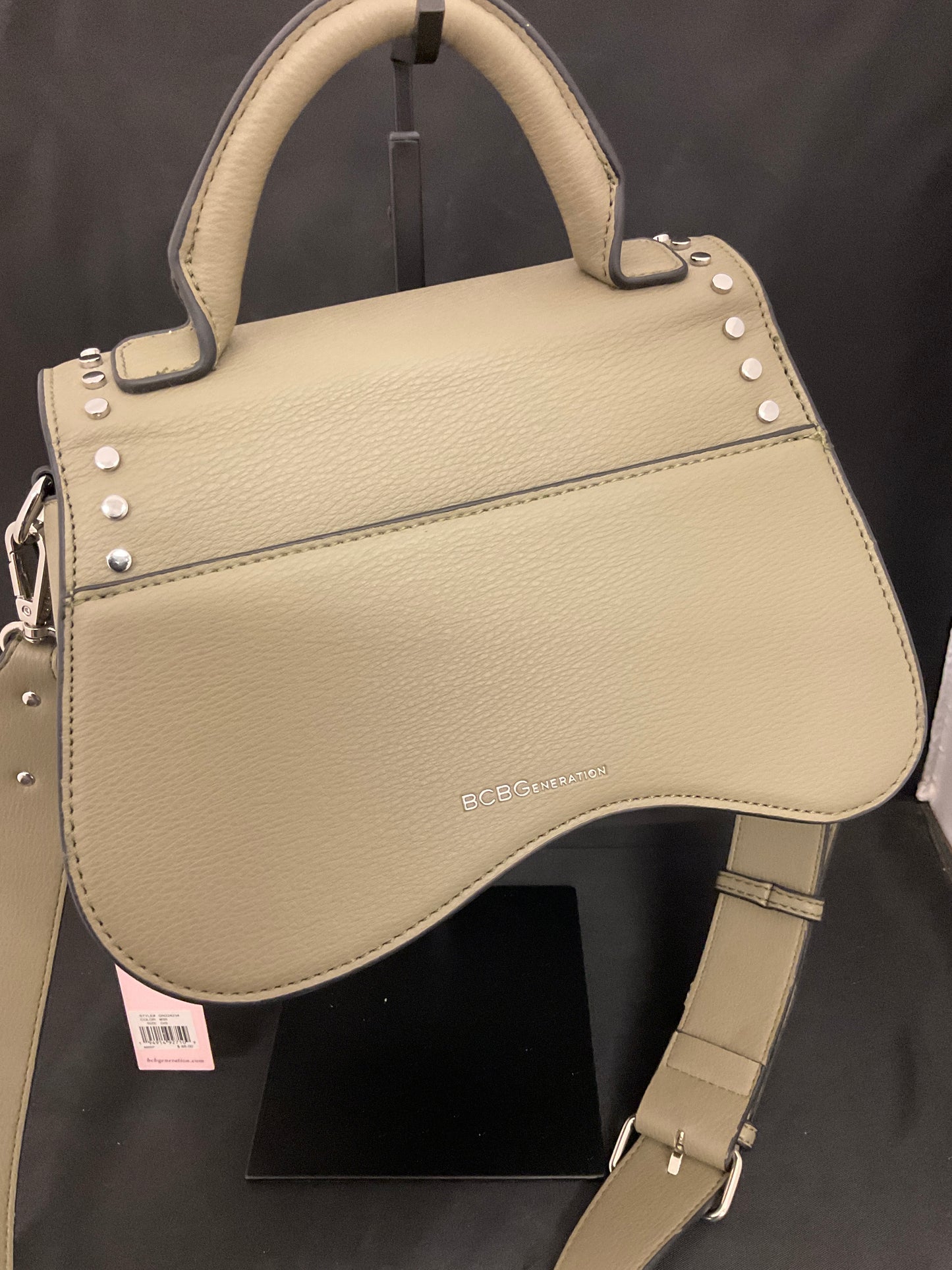 BCBGeneration Asymmetrical Studded Saddle Style Moss Color Shoulder Handbag