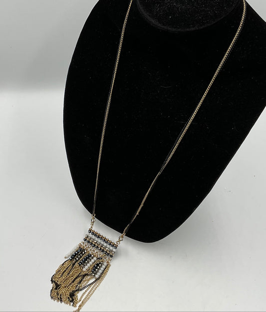 Goldtone Black Accent Dangling Tassel Pendant Necklace Fashion Jewelry