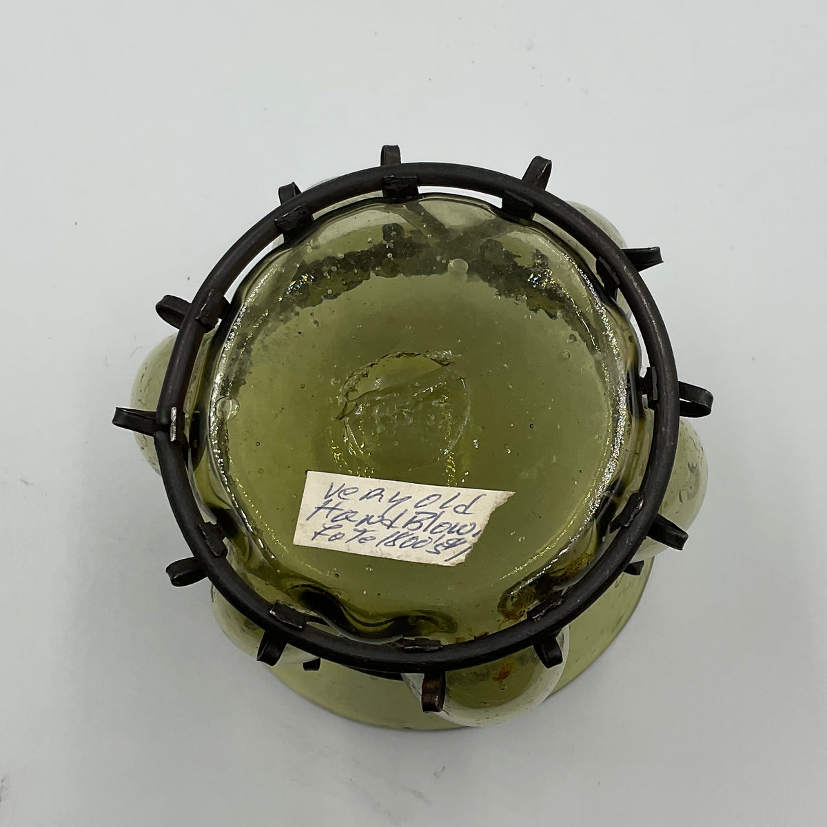 Vintage Hand Blown Green Caged Wrought Iron Candle Holder