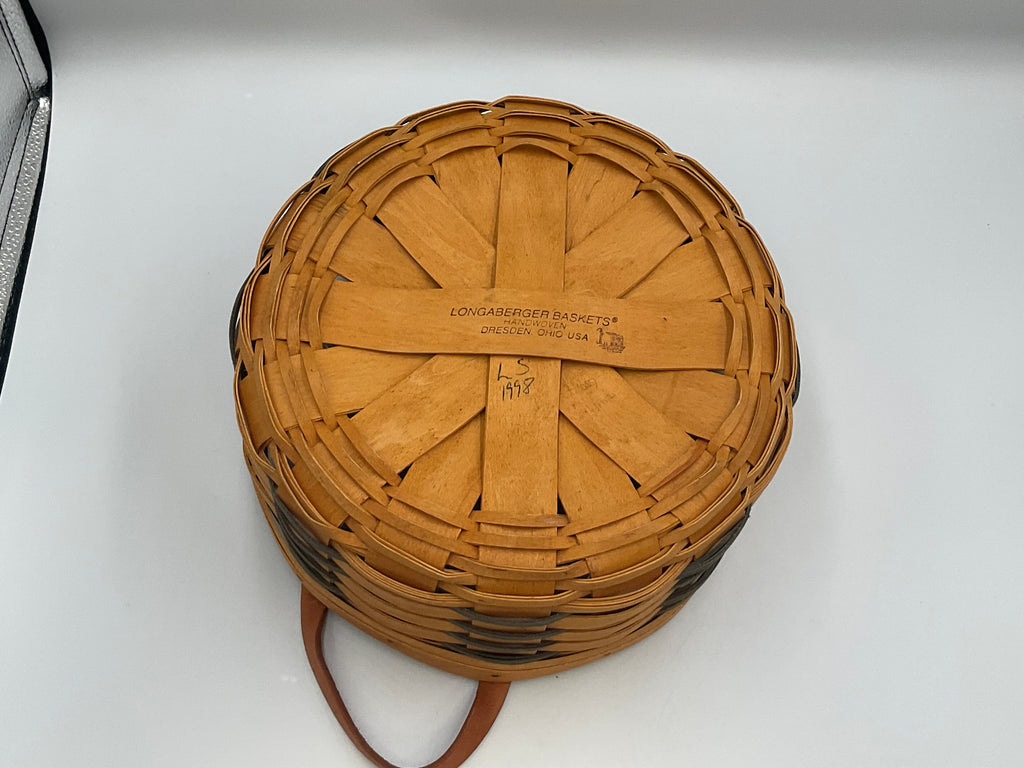 1998 Longaberger Round Basket Green Accent Bands Leather Handles 9.5"