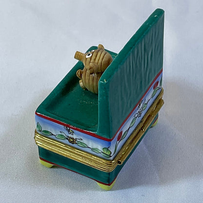 Peint Main Limoges France Authentic Vintage Collectible Hand Painted Porcelain Bear on Bench Trinket Box